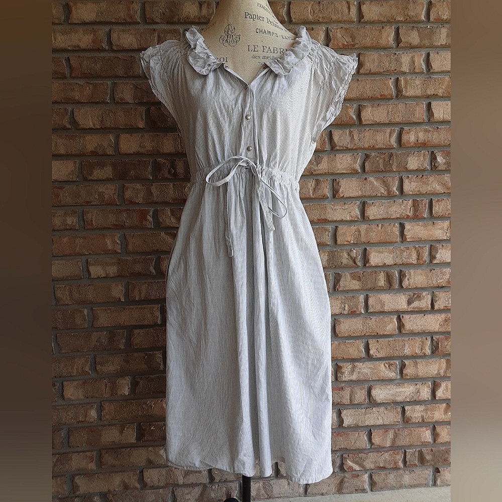 Pete & Greta Johnny Was Pinstripe Flutter Ruffle Sleeve 100% Cotton Dres…